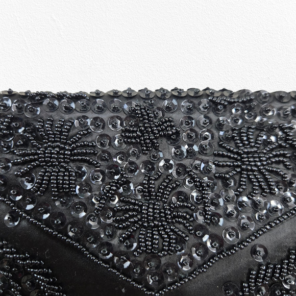 Vintage 50s Black Beaded Satin Evening Clutch Made in Japan Floral Cocktail Bag - Picture 2 of 8